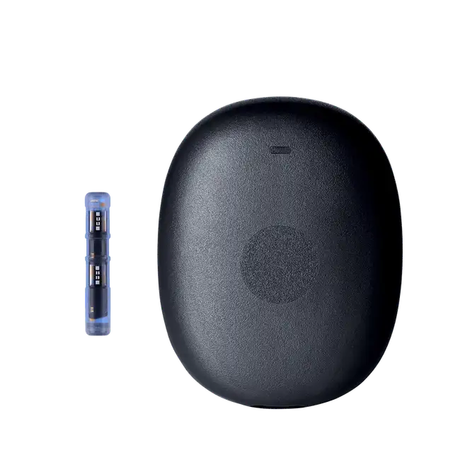 Representative image of Eversense 365 sensor and transmitter