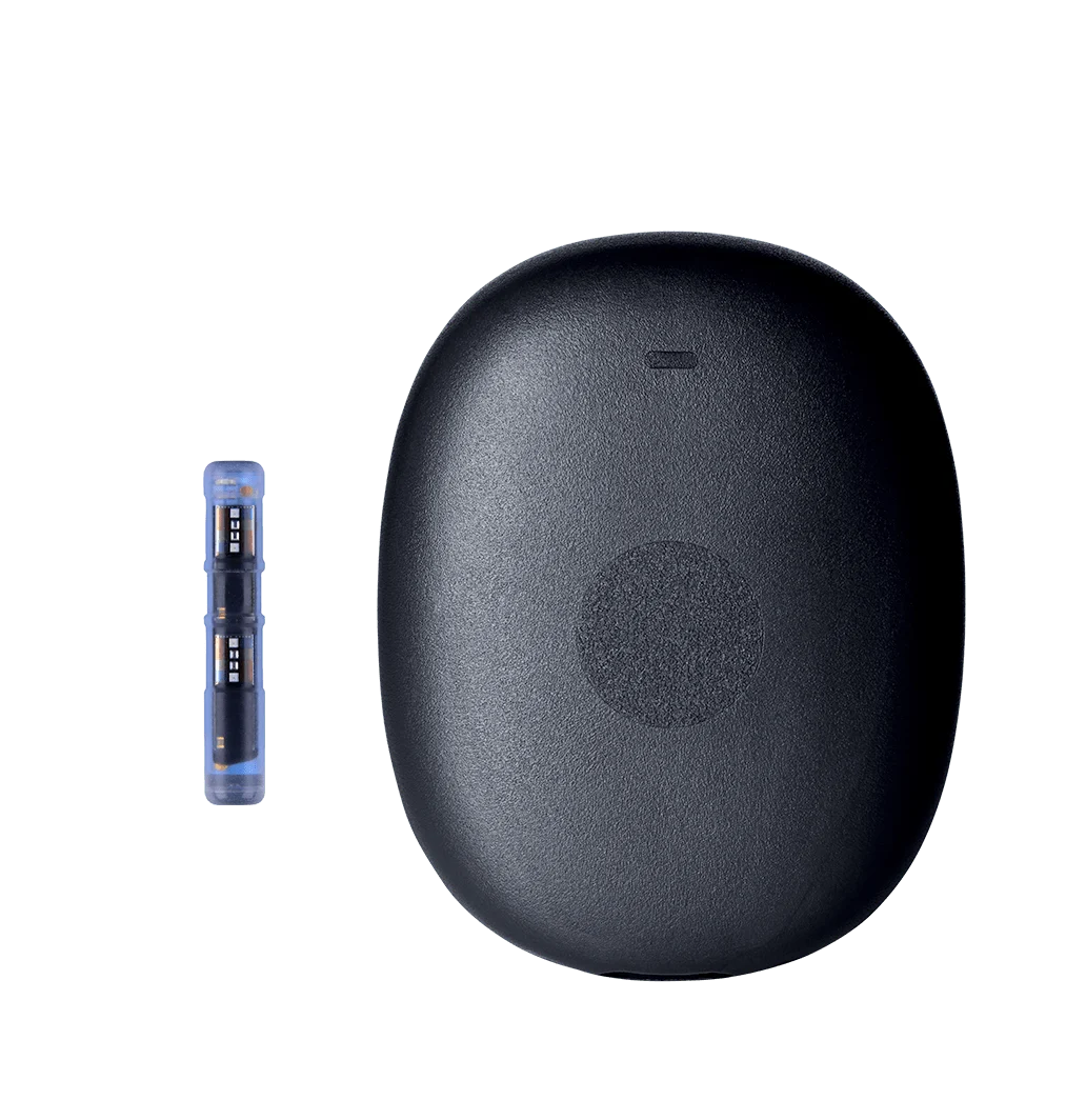 Representative image of Eversense 365 sensor and transmitter